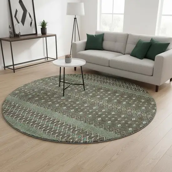 8' Brown And Taupe Tribal Washable Round Rug With UV Protection Photo 2