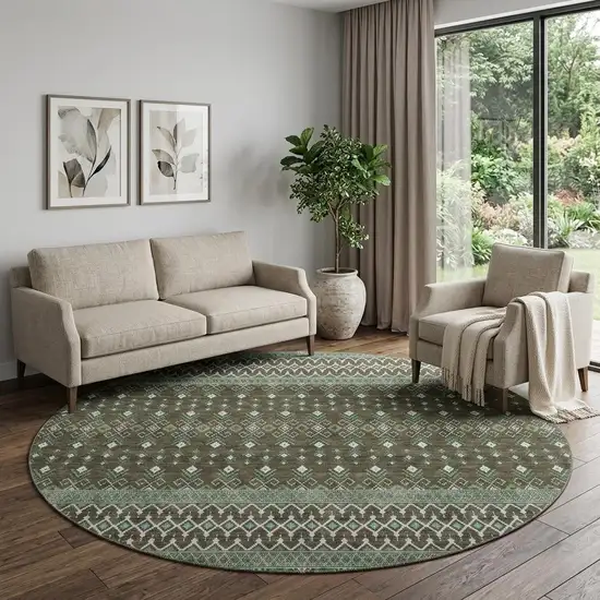 8' Brown And Taupe Tribal Washable Round Rug With UV Protection Photo 1