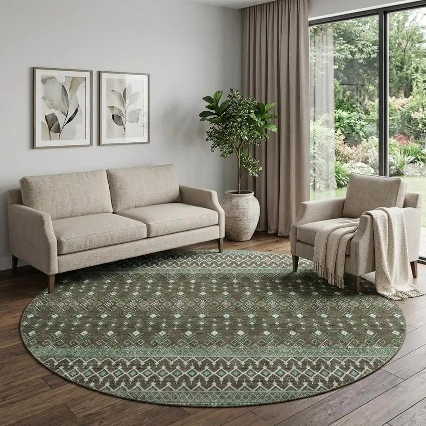 8' Brown And Taupe Tribal Washable Round Rug With UV Protection Photo 1