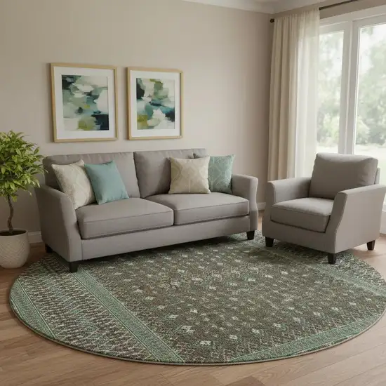 8' Brown And Taupe Tribal Washable Round Rug With UV Protection Photo 1