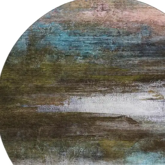 8' Brown And Teal Abstract Washable Round Rug With UV Protection Photo 3