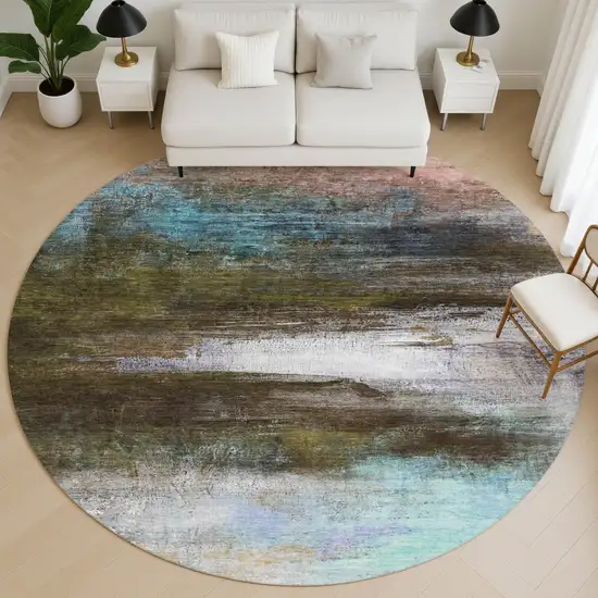 8' Brown And Teal Abstract Washable Round Rug With UV Protection Photo 5
