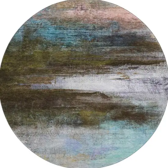 8' Brown And Teal Abstract Washable Round Rug With UV Protection Photo 4