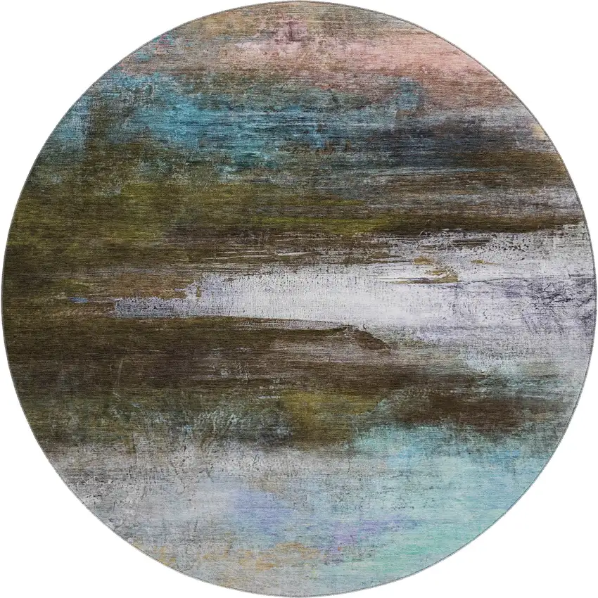 8' Brown And Teal Abstract Washable Round Rug With UV Protection Photo 1