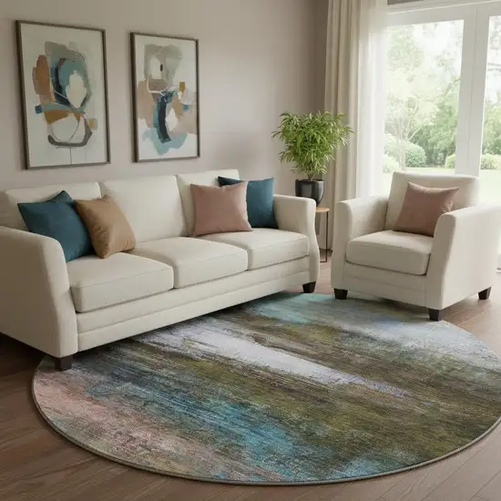 8' Brown And Teal Abstract Washable Round Rug With UV Protection Photo 2