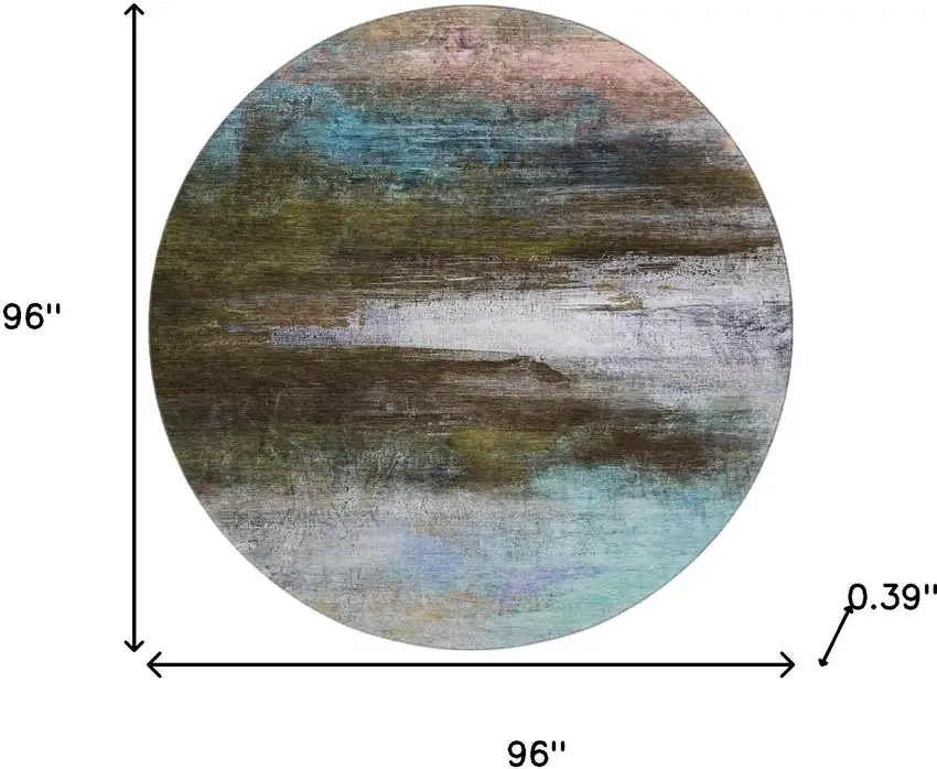 8' Brown And Teal Abstract Washable Round Rug With UV Protection Photo 8