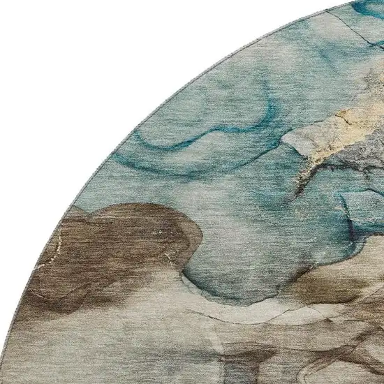 8' Brown And Teal Abstract Washable Round Rug With UV Protection Photo 3