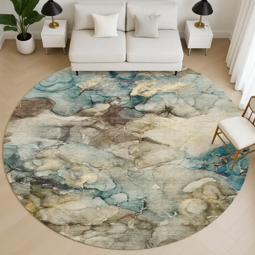 8' Brown And Teal Abstract Washable Round Rug With UV Protection Photo 5