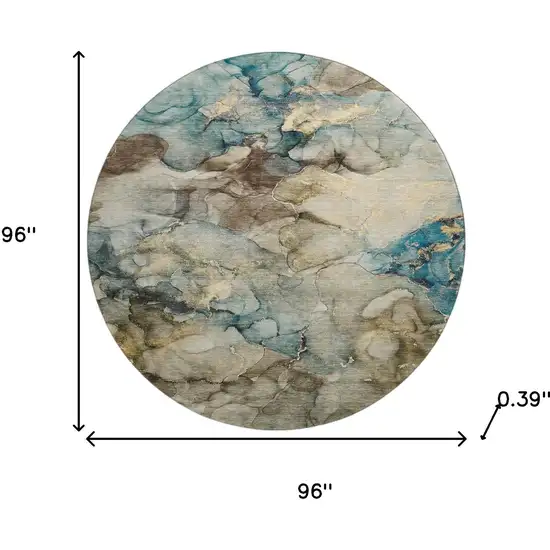 8' Brown And Teal Abstract Washable Round Rug With UV Protection Photo 8