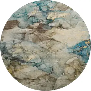 Photo of 8' Brown And Teal Abstract Washable Round Rug With UV Protection