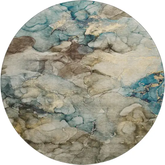 8' Brown And Teal Abstract Washable Round Rug With UV Protection Photo 1