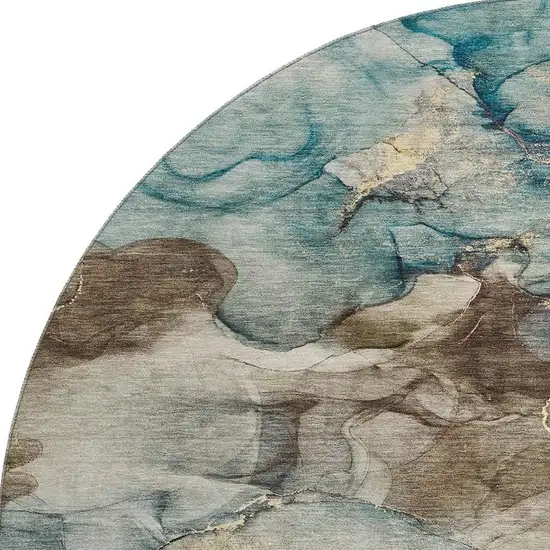 8' Brown And Teal Abstract Washable Round Rug With UV Protection Photo 4