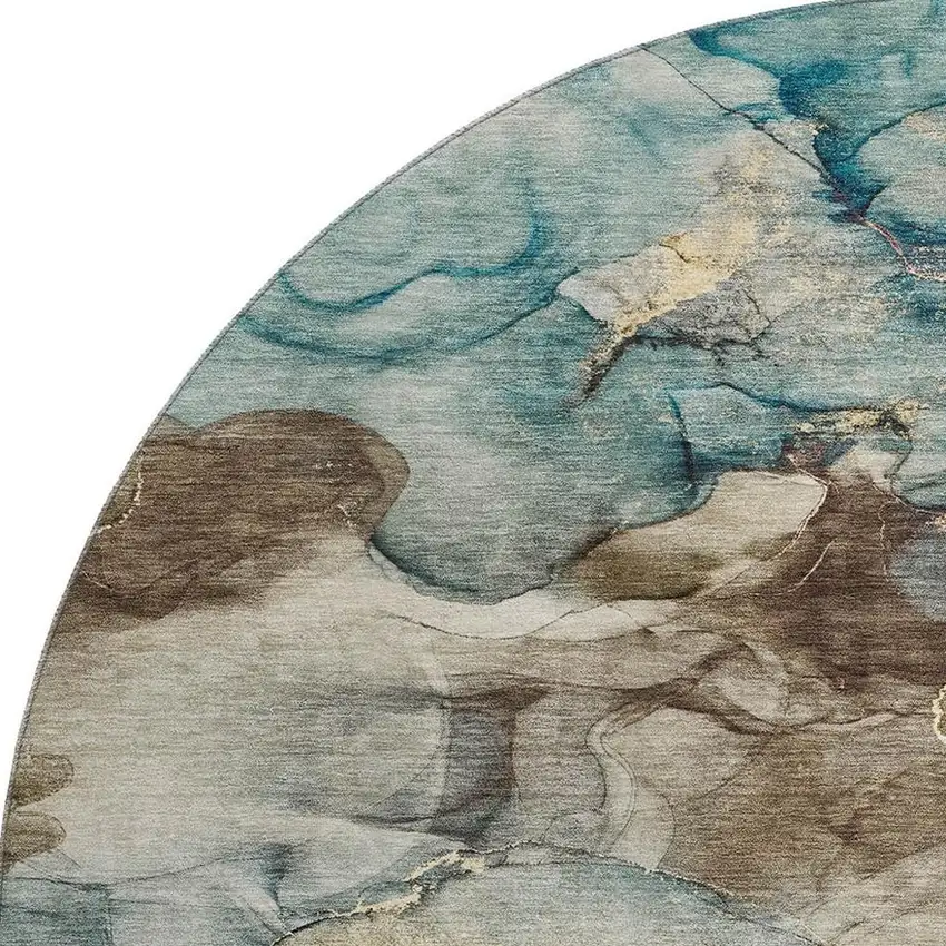 8' Brown And Teal Abstract Washable Round Rug With UV Protection Photo 4