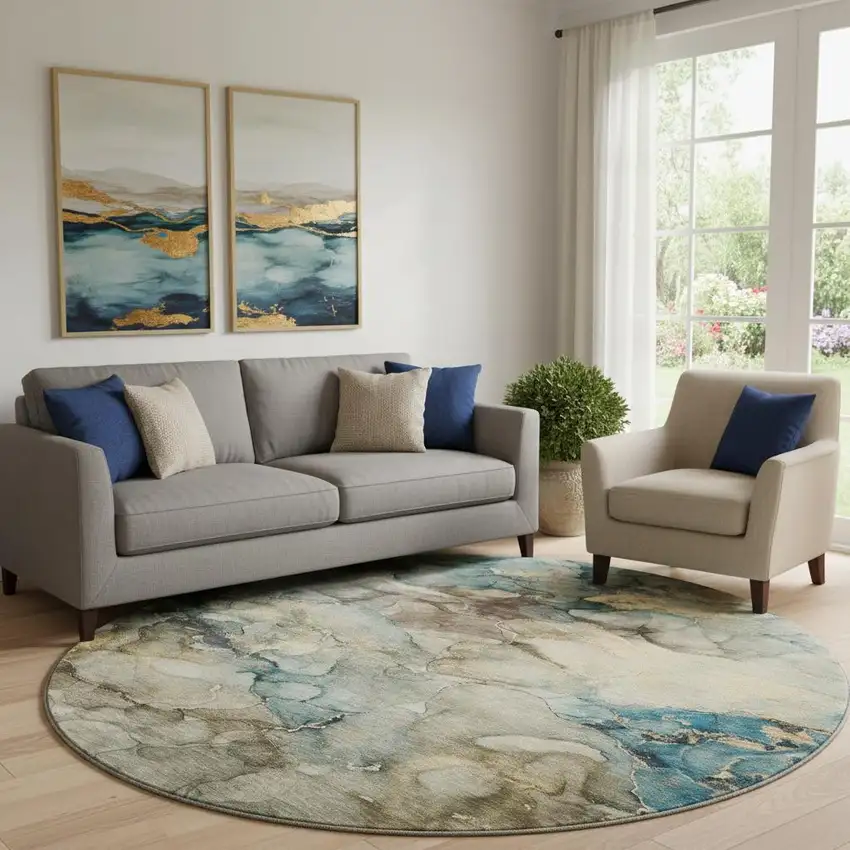 8' Brown And Teal Abstract Washable Round Rug With UV Protection Photo 2