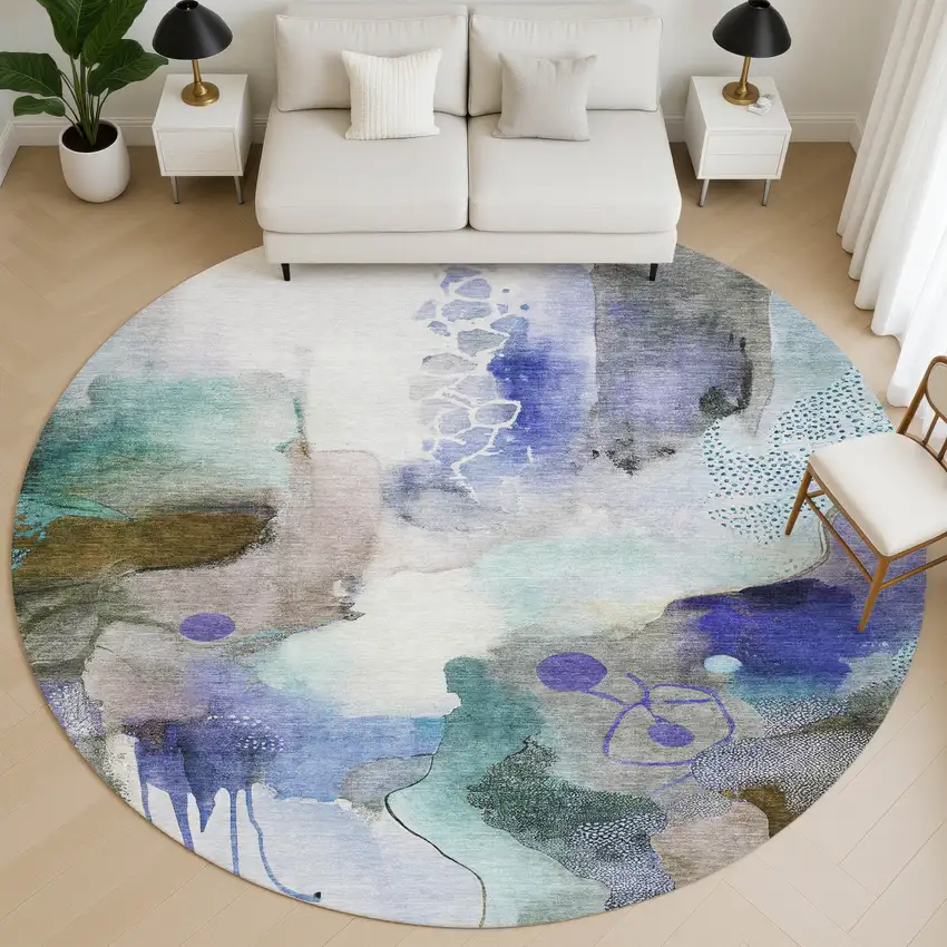 8' Brown And Teal Abstract Washable Round Rug With UV Protection Photo 5