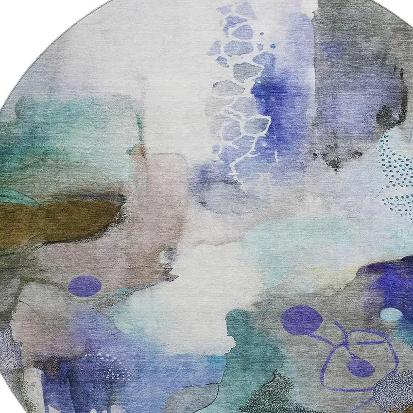 8' Brown And Teal Abstract Washable Round Rug With UV Protection Photo 3