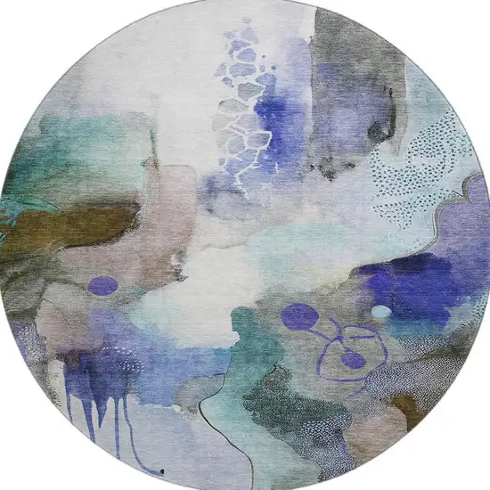 8' Brown And Teal Abstract Washable Round Rug With UV Protection Photo 4