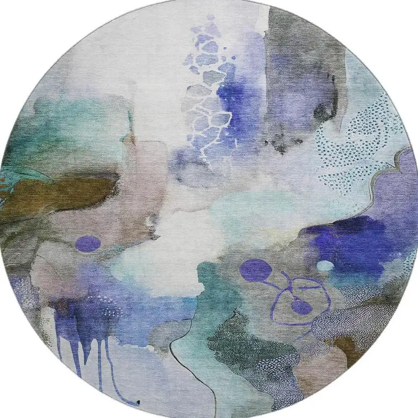 8' Brown And Teal Abstract Washable Round Rug With UV Protection Photo 4