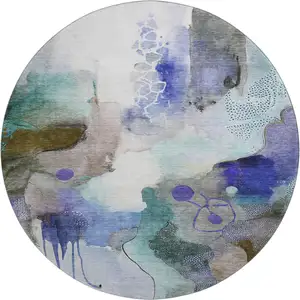Photo of 8' Brown And Teal Abstract Washable Round Rug With UV Protection