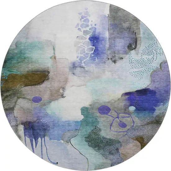 8' Brown And Teal Abstract Washable Round Rug With UV Protection Photo 1