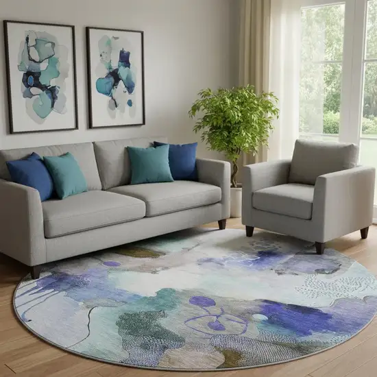 8' Brown And Teal Abstract Washable Round Rug With UV Protection Photo 2
