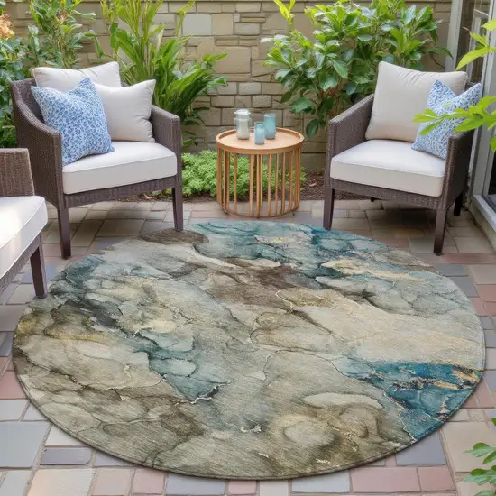 8' Brown And Teal Blue Round Abstract Washable Indoor Outdoor Area Rug Photo 6