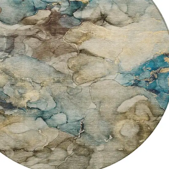 8' Brown And Teal Blue Round Abstract Washable Indoor Outdoor Area Rug Photo 9