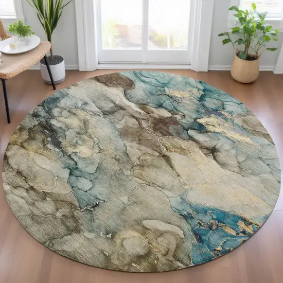 8' Brown And Teal Blue Round Abstract Washable Indoor Outdoor Area Rug Photo 7