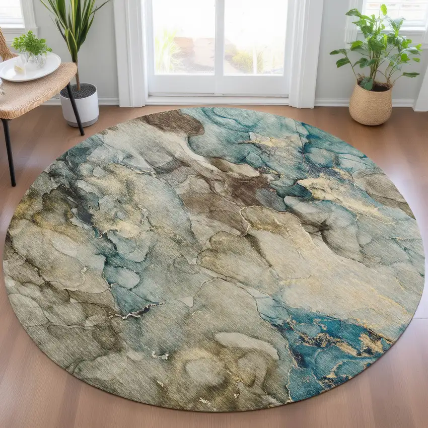 8' Brown And Teal Blue Round Abstract Washable Indoor Outdoor Area Rug Photo 7