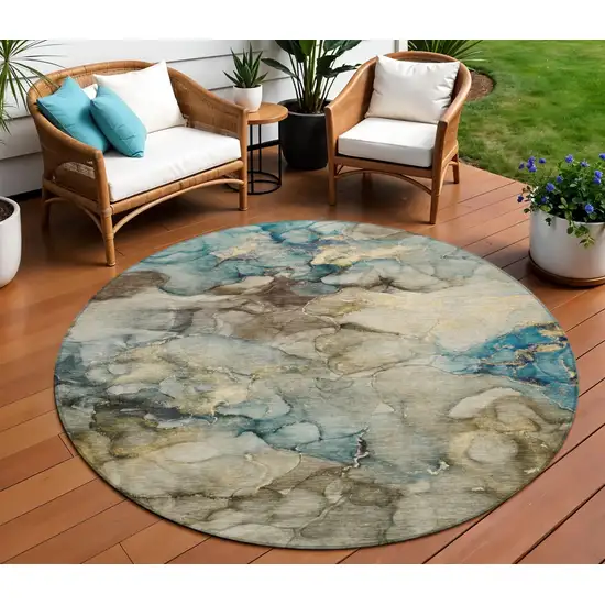 8' Brown And Teal Blue Round Abstract Washable Indoor Outdoor Area Rug Photo 2