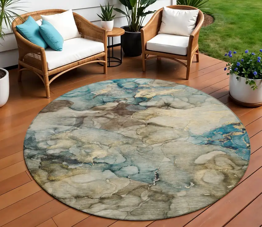 8' Brown And Teal Blue Round Abstract Washable Indoor Outdoor Area Rug Photo 2