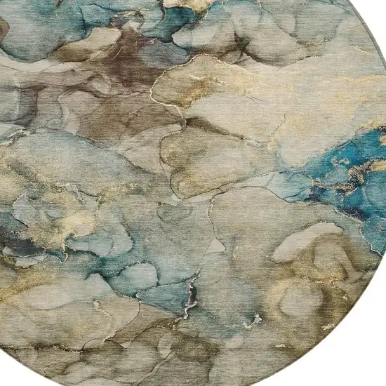 8' Brown And Teal Blue Round Abstract Washable Indoor Outdoor Area Rug Photo 4