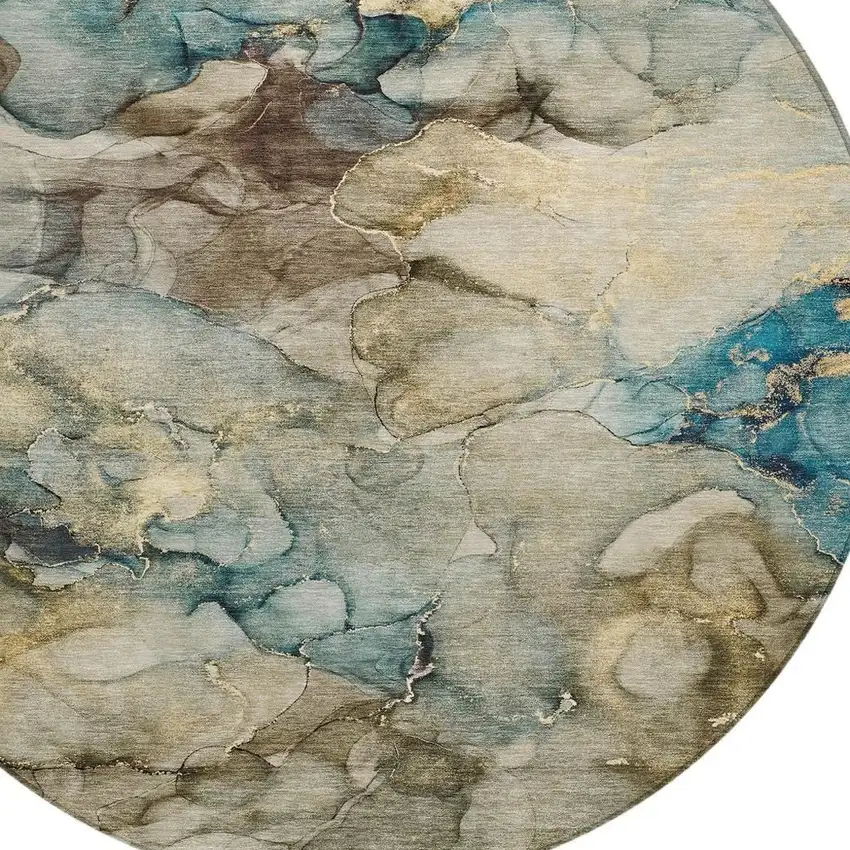 8' Brown And Teal Blue Round Abstract Washable Indoor Outdoor Area Rug Photo 4