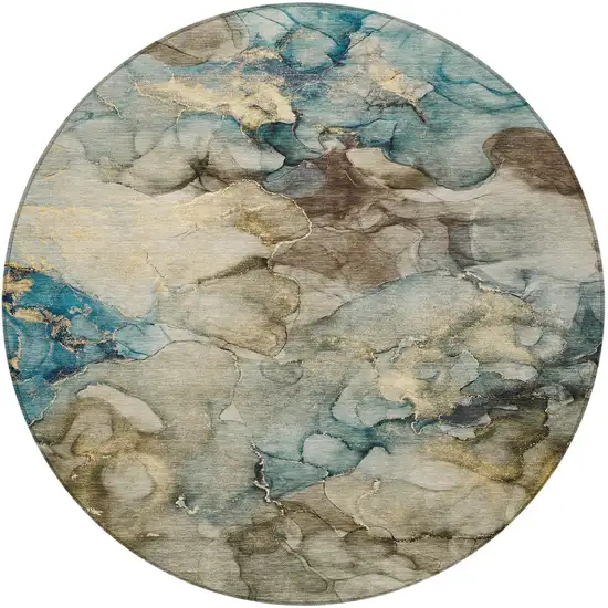 8' Brown And Teal Blue Round Abstract Washable Indoor Outdoor Area Rug Photo 3