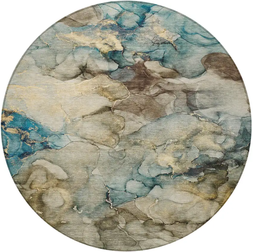 8' Brown And Teal Blue Round Abstract Washable Indoor Outdoor Area Rug Photo 3
