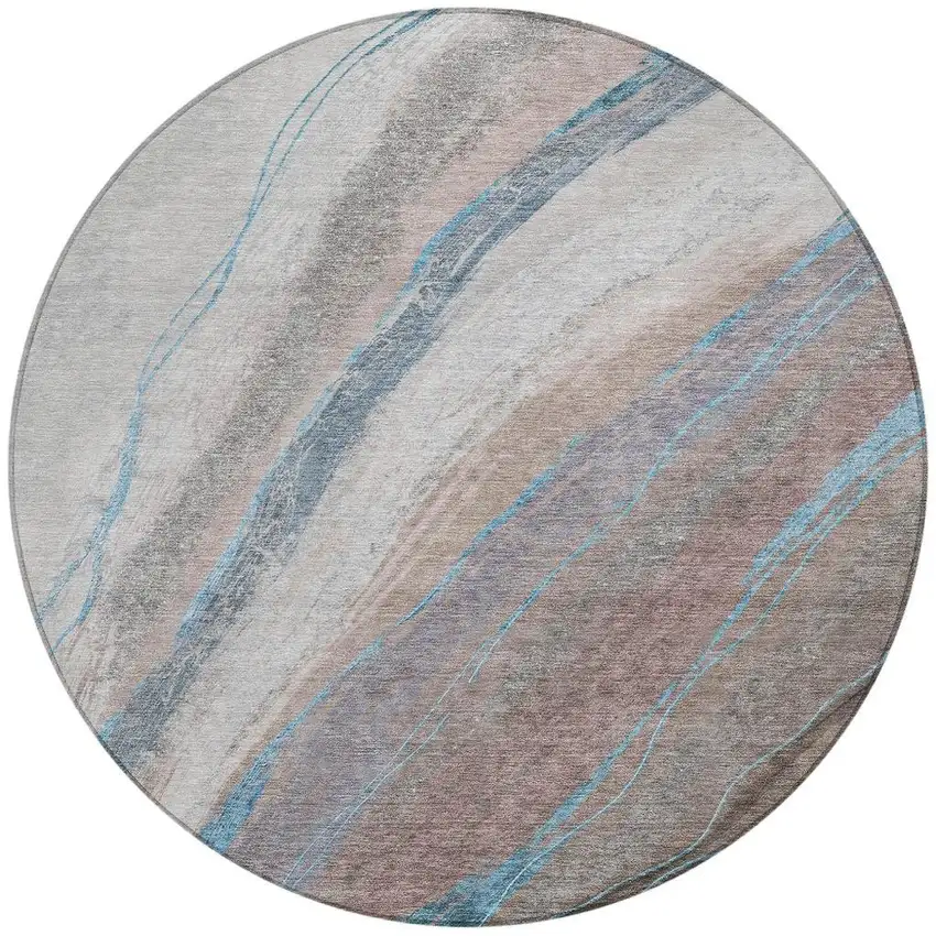 8' Brown And Teal Blue Round Abstract Washable Indoor Outdoor Area Rug Photo 3