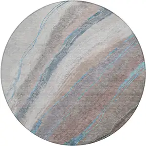 Photo of 8' Brown And Teal Blue Round Abstract Washable Indoor Outdoor Area Rug