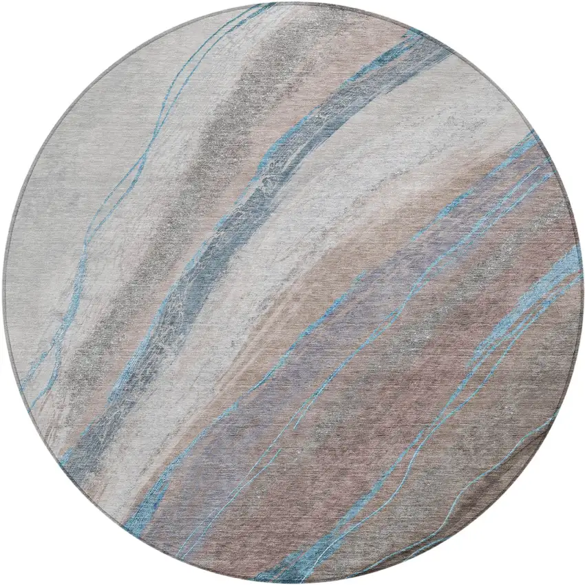 8' Brown And Teal Blue Round Abstract Washable Indoor Outdoor Area Rug Photo 1