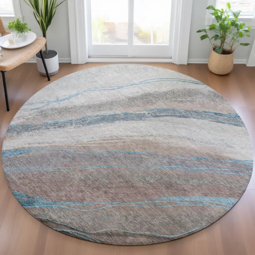 8' Brown And Teal Blue Round Abstract Washable Indoor Outdoor Area Rug Photo 6