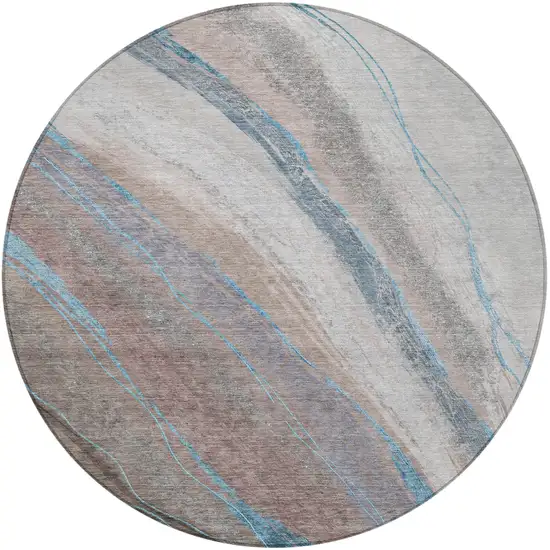 8' Brown And Teal Blue Round Abstract Washable Indoor Outdoor Area Rug Photo 4