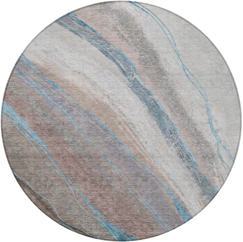 8' Brown And Teal Blue Round Abstract Washable Indoor Outdoor Area Rug Photo 4