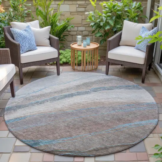 8' Brown And Teal Blue Round Abstract Washable Indoor Outdoor Area Rug Photo 7