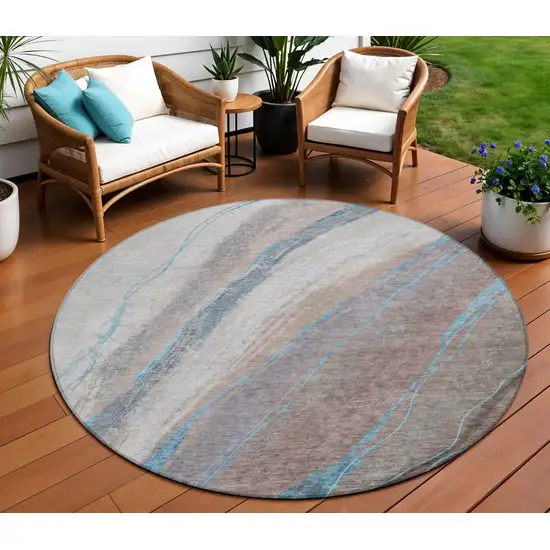 8' Brown And Teal Blue Round Abstract Washable Indoor Outdoor Area Rug Photo 2