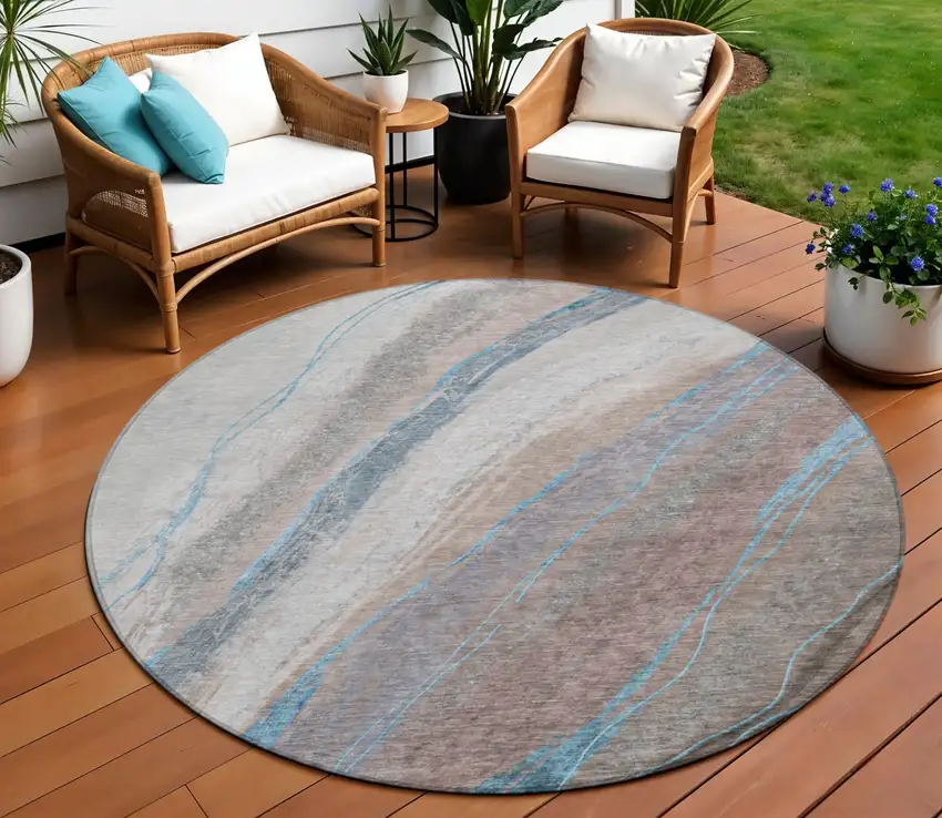 8' Brown And Teal Blue Round Abstract Washable Indoor Outdoor Area Rug Photo 2