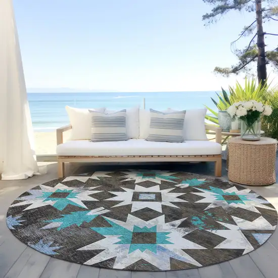 8' Brown And Teal Blue Round Aztec Washable Indoor Outdoor Area Rug Photo 5