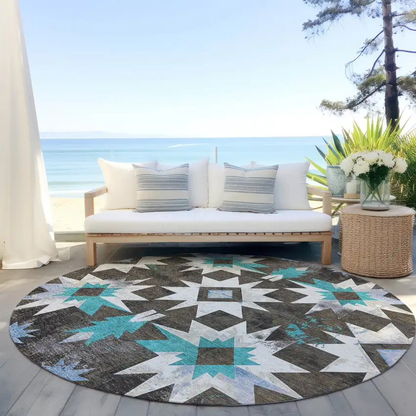 8' Brown And Teal Blue Round Aztec Washable Indoor Outdoor Area Rug Photo 5