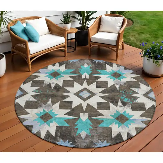 8' Brown And Teal Blue Round Aztec Washable Indoor Outdoor Area Rug Photo 2