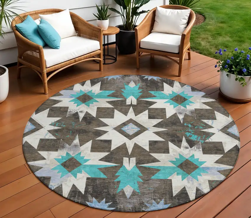 8' Brown And Teal Blue Round Aztec Washable Indoor Outdoor Area Rug Photo 2