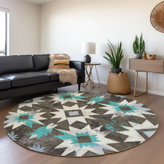 8' Brown And Teal Blue Round Aztec Washable Indoor Outdoor Area Rug Photo 6