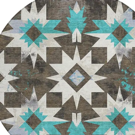 8' Brown And Teal Blue Round Aztec Washable Indoor Outdoor Area Rug Photo 4